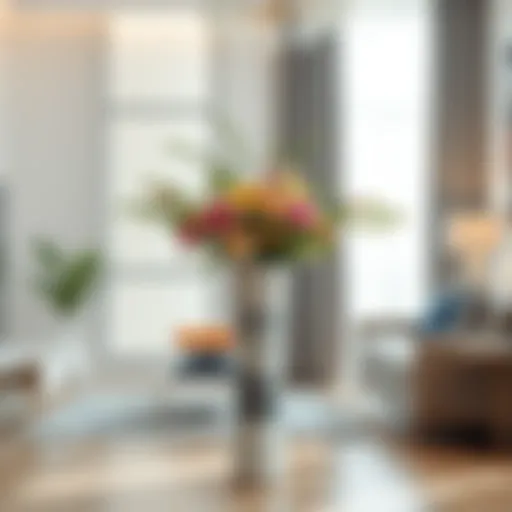 Elegant tall vase with floral arrangement in a modern living room setting