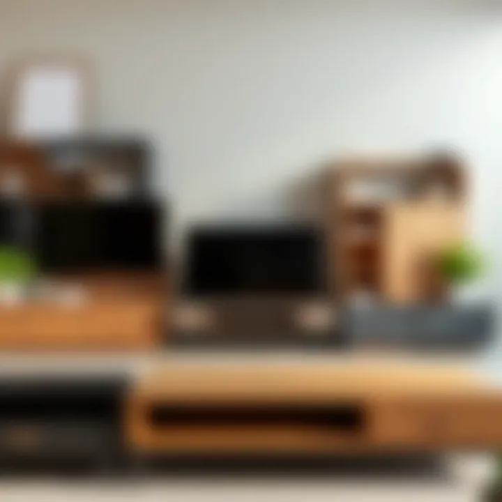 Various design styles of assembled TV consoles displayed together