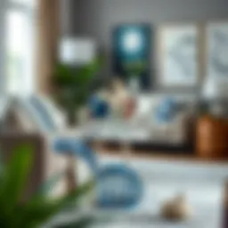 Elegant blue rattan side table in a modern living room setting