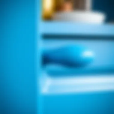 Close-up detail of a vibrant blue handle on a stylish cabinet