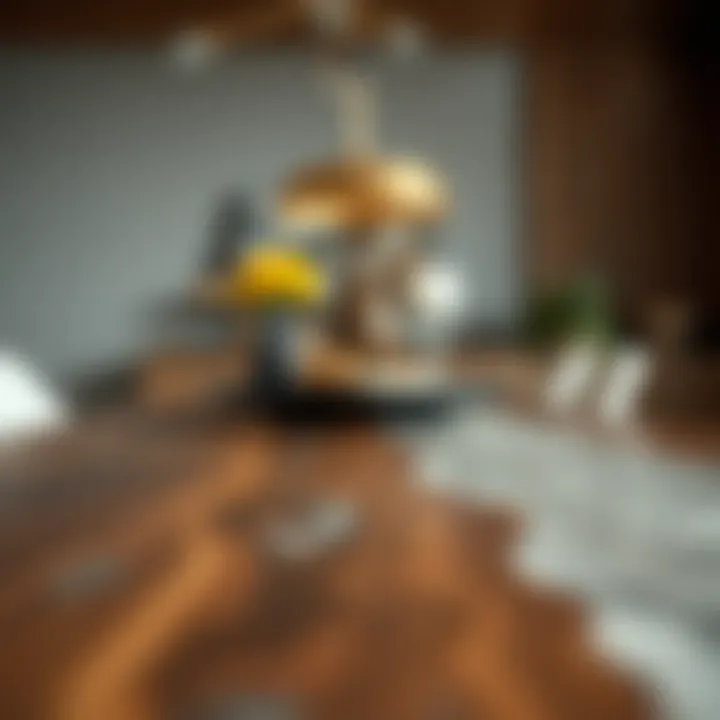 A close-up of a dining table showcasing mixed materials and textures