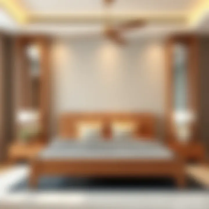 Stylish bedroom with a contemporary wooden bed frame as the centerpiece