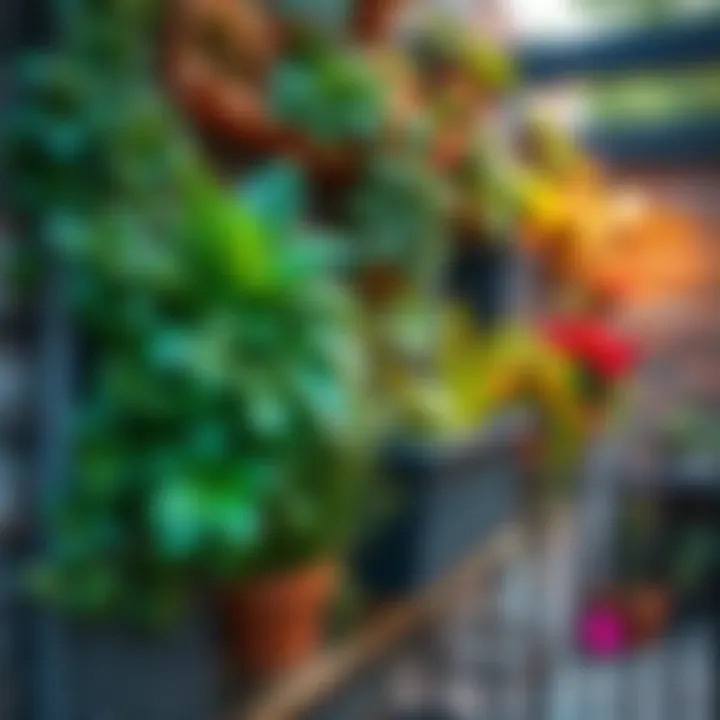 Close-up of a vertical garden featuring various lush plants on a wall.