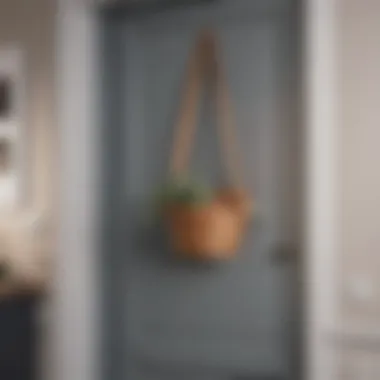 Stylish installation of an over door hanger featuring a decorative basket