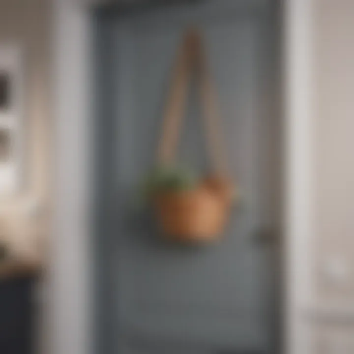 Stylish installation of an over door hanger featuring a decorative basket