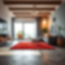 A vibrant red rug adding warmth to a modern living room