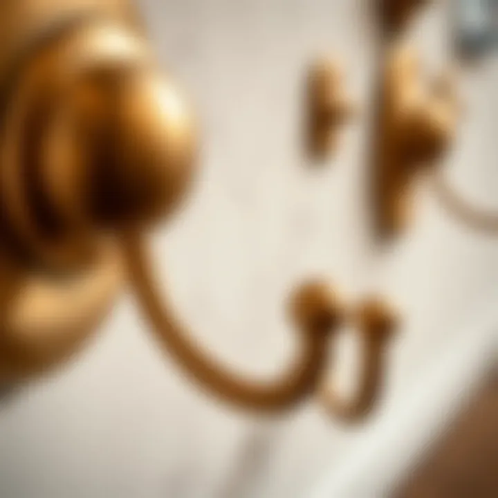 Close-up view of brass wall hooks emphasizing their finish and texture