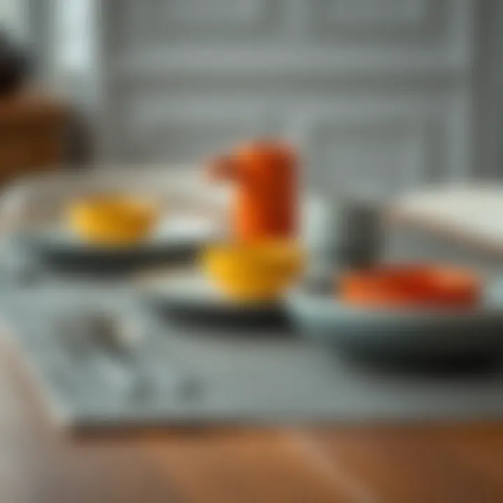 Stylish grey table mat paired with vibrant dishware