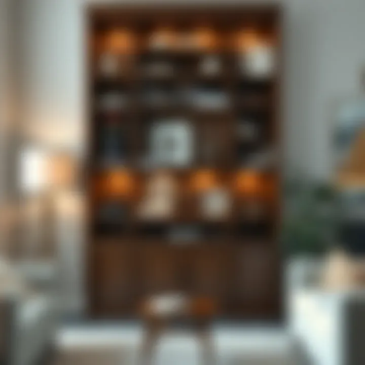 Stylish open back bookcase filled with decorative items