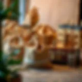 Stylish small burlap bags arranged aesthetically