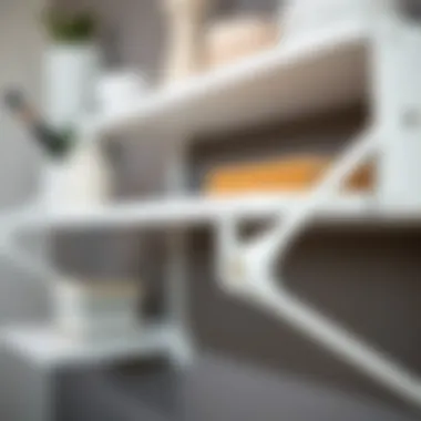 Close-up view of white metal floating shelf installation