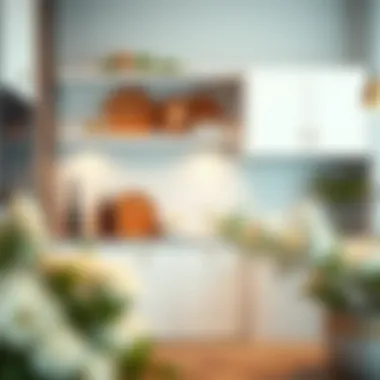 Stylish kitchen featuring white metal floating shelves with decorative items