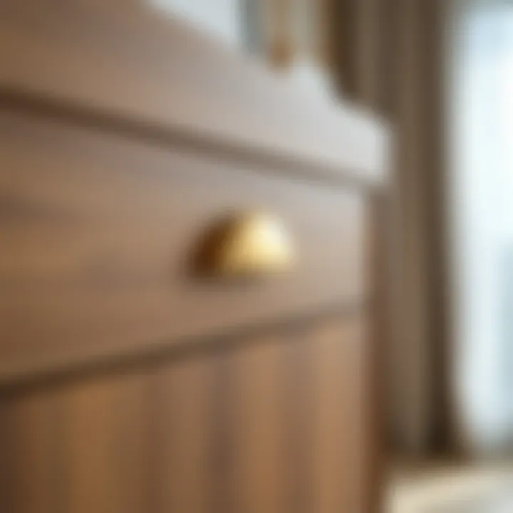 Gold half moon cabinet pull installation on a contemporary dresser
