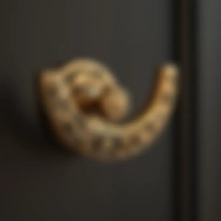 Close-up of intricate design on a gold half moon cabinet pull