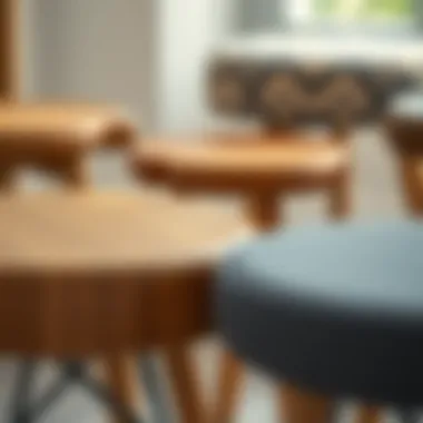 Close-up of stool materials showcasing wood, metal, and upholstery