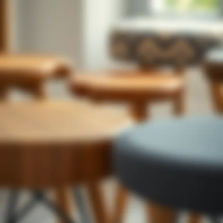 Close-up of stool materials showcasing wood, metal, and upholstery