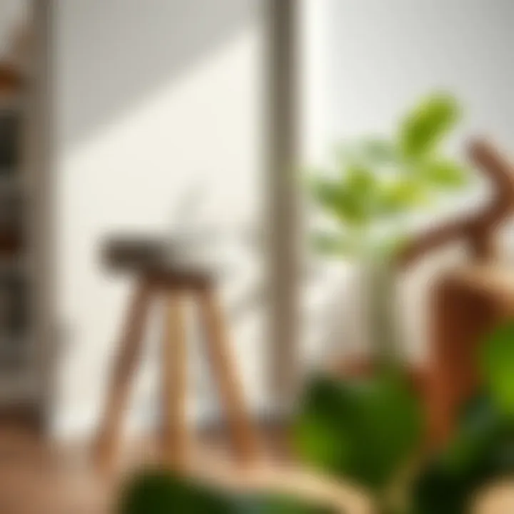 A stylish stool next to a vibrant indoor plant and decorative elements