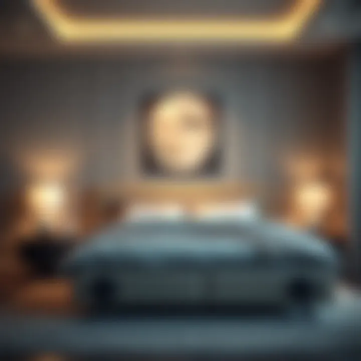 Stylish bedroom featuring a queen bed frame with built-in audio technology
