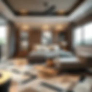 Geometric Carpet Design in Modern Bedroom Stylish geometric patterned carpet enhancing bedroom decor