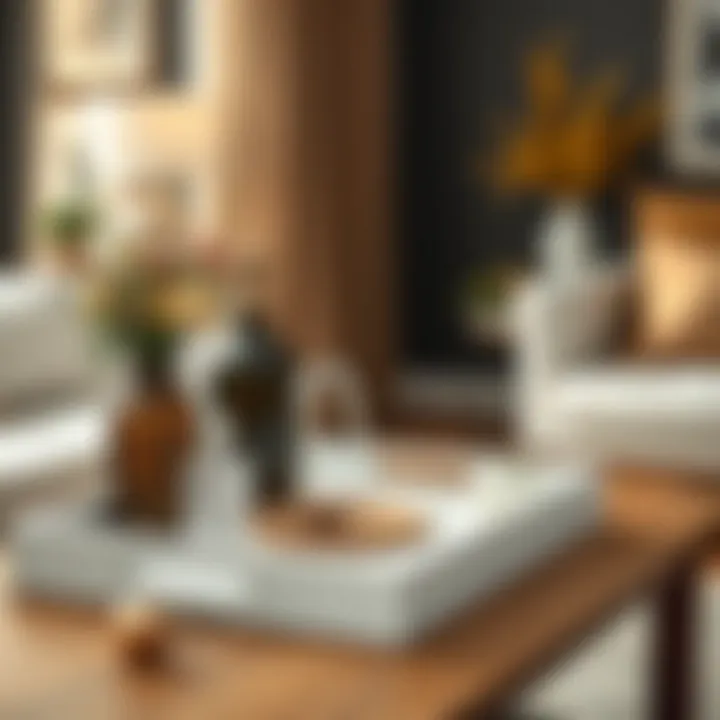 Aesthetic arrangement featuring a white wood tray table with decorative items