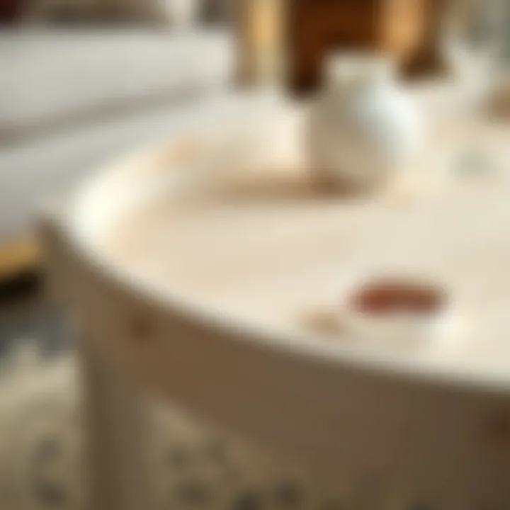 Close-up of a white wood tray table highlighting texture and craftsmanship