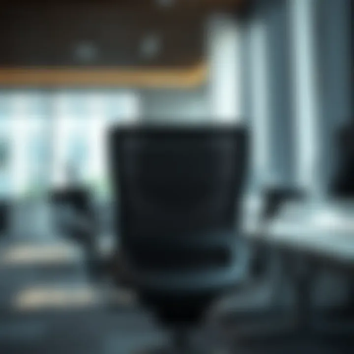 An office setting featuring a sleek chair with fully extended armrests.
