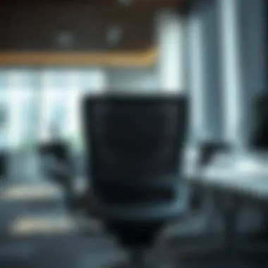 Stylish Office Chair with Adjustable Armrests An office setting featuring a sleek chair with fully extended armrests.